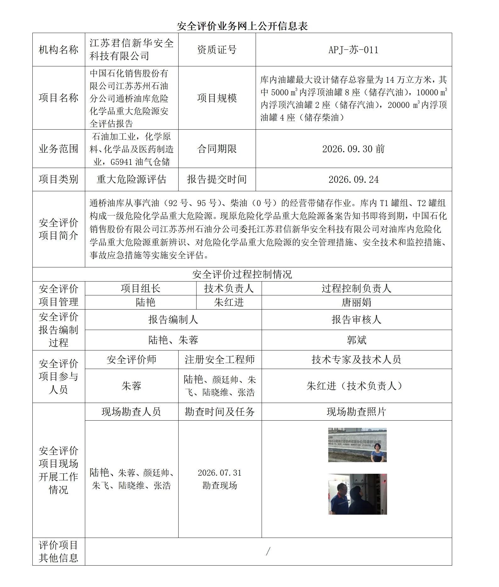 中国石化销售股份有限公司江苏苏州石油分公司通桥油库危险化学品重大危险源安全评估报告